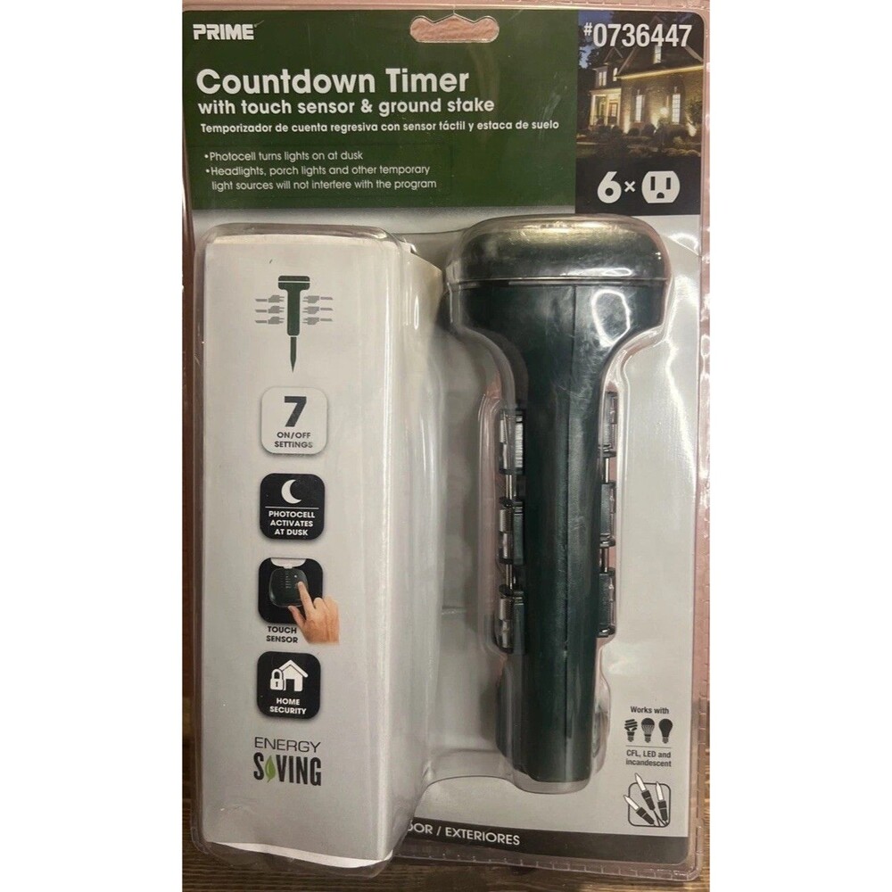 Prime Outdoor Countdown Timer With Touch Sensor and Ground Stake 6 Outlet New - Picture 1 of 7